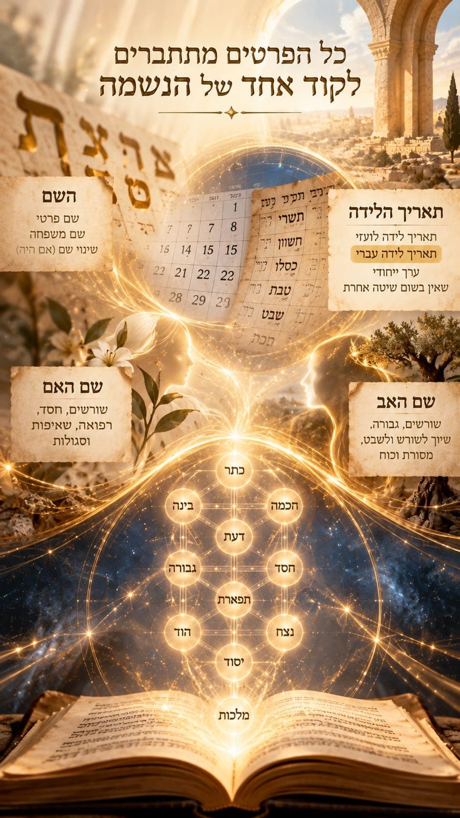 כל הפרטים מתחברים לקוד אחד של הנשמה: השם, תאריך הלידה, שם האם ושם האב, על רקע עץ הספירות