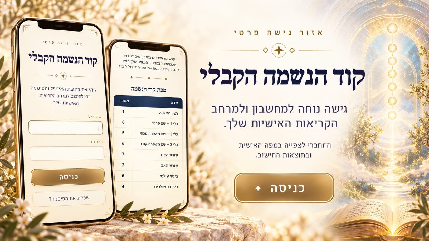 מסכי הפלטפורמה: כניסה למרחב הקריאות האישיות ומפת קוד הנשמה עם רצון הנשמה, הכלים והשורשים